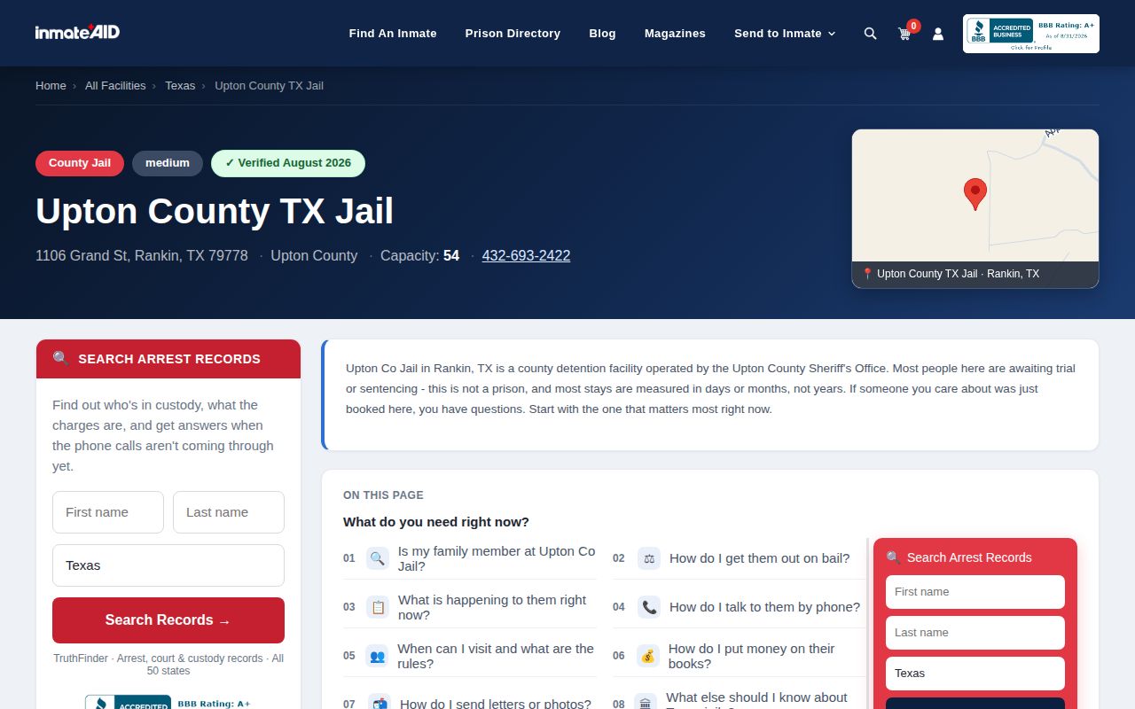 Upton County Jail secondary booking-record search lead at InmateAid
