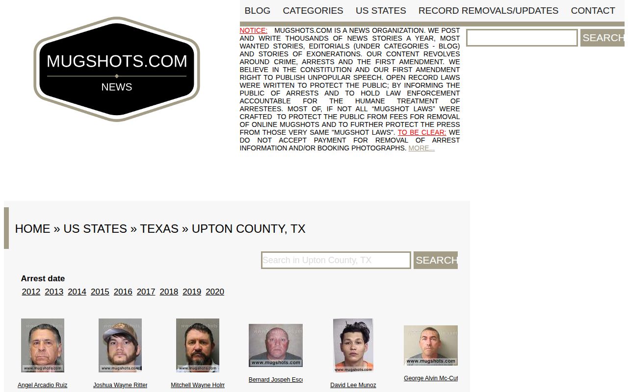 Upton County historical unofficial mugshot-record source page